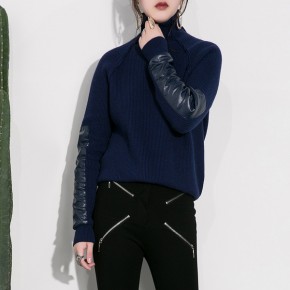 High neck knitwear top with leather sleeves 