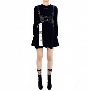 Y3NOLOGY Black Knitted Dress with Leather Waist Belt