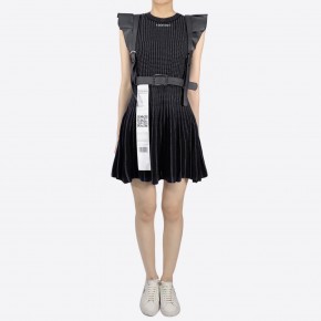 Y3NOLOGY Striped x Dotted Black Knitted Dress with Eco Leather Waist Belt