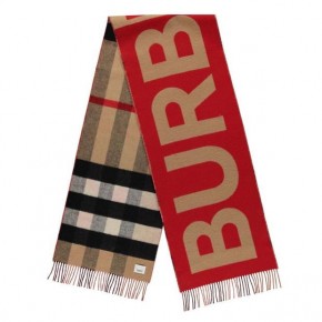 BURBERRY REVERSIBLE CHECK AND LOGO CASHMERE SCARF