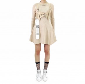 Y3NOLOGY Beige Knitted Dress with Leather Waist Belt