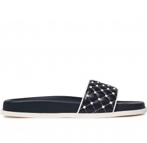 VALENTINO GARAVANI Navy Rockstud Spike quilted leather slides