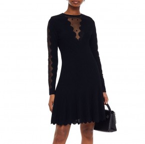 ALEXANDER MCQUEEN Black Scalloped open knit mini dress